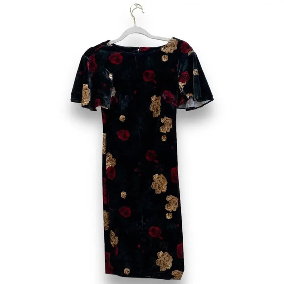 CALVIN KLEIN Dark Floral Velvet Sheath Dress Flutter Sleeves Black Size 2 Office - Picture 1 of 8